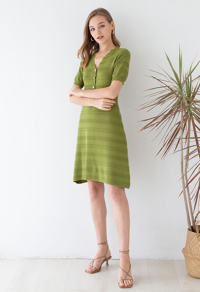 Scalloped V-Neck Eyelet Knit Dress in Moss Green
