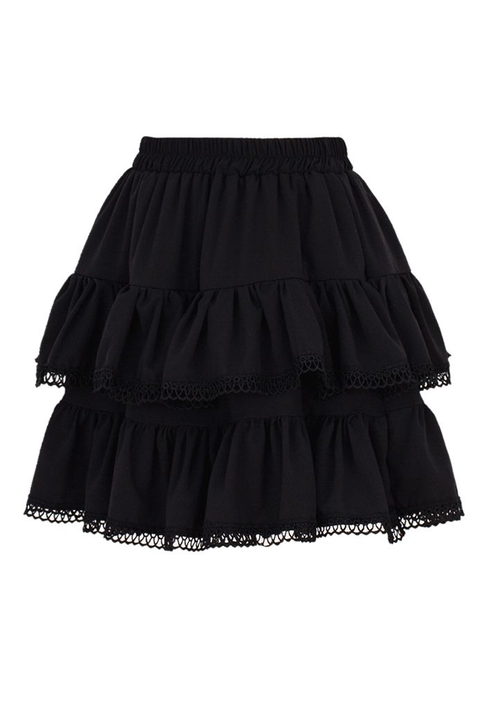 Crochet Edge Texture Tiered Mini Skirt in Black - Retro, Indie and ...