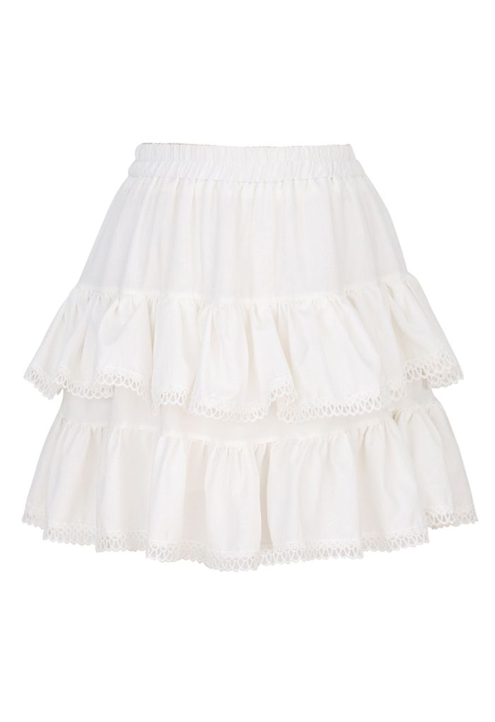 Crochet Edge Texture Tiered Mini Skirt in White