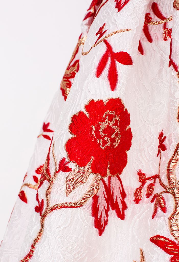 In Bloom Red Floral Jacquard Pleated Skirt