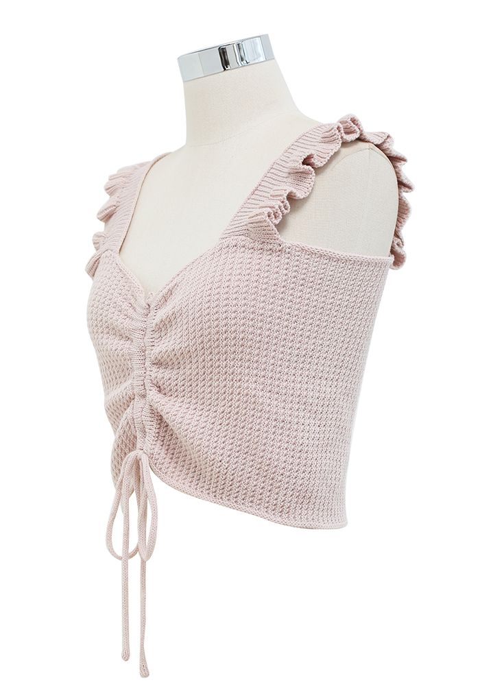 Drawstring Ruffle Waffle Knit Crop Top in Dusty Pink