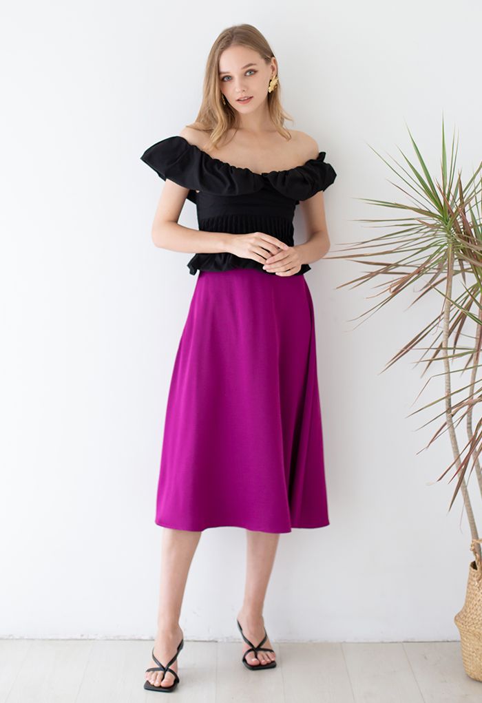 Glossy Airy Satin Midi Skirt in Magenta