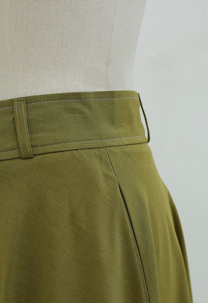 Side Pocket Stitches Flare Skirt in Olive - Retro, Indie and Unique Fashion