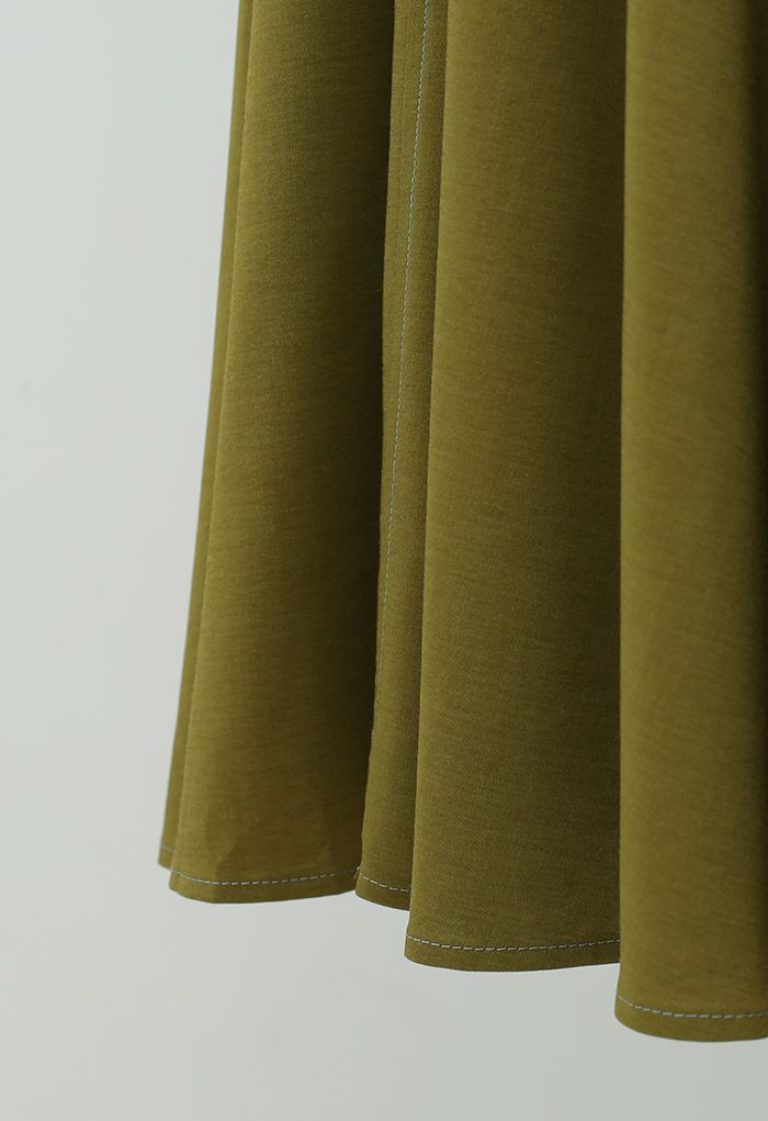 Side Pocket Stitches Flare Skirt in Olive