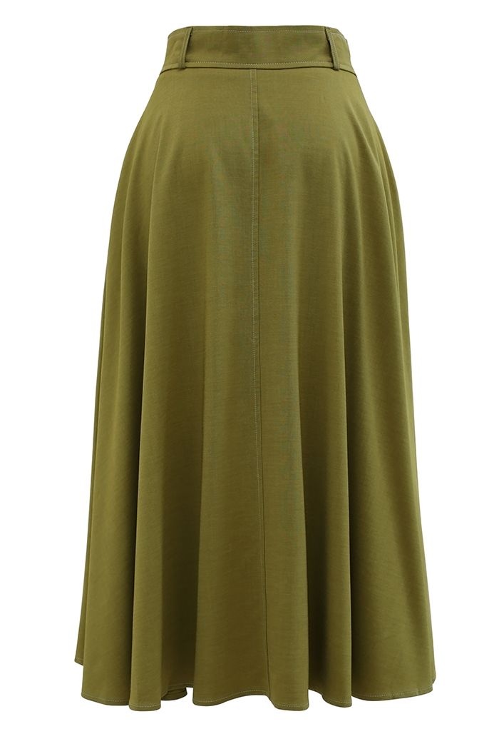 Side Pocket Stitches Flare Skirt in Olive