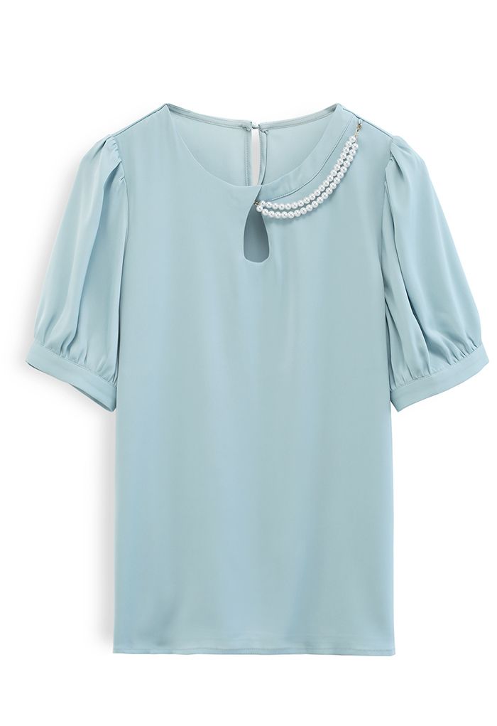 Necklace Short Sleeve Satin Top in Dusty Blue - Retro, Indie and Unique ...