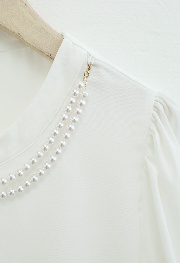 Necklace Short Sleeve Satin Top in White - Retro, Indie and Unique Fashion