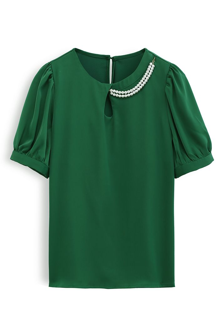Necklace Short Sleeve Satin Top in Green - Retro, Indie and Unique Fashion