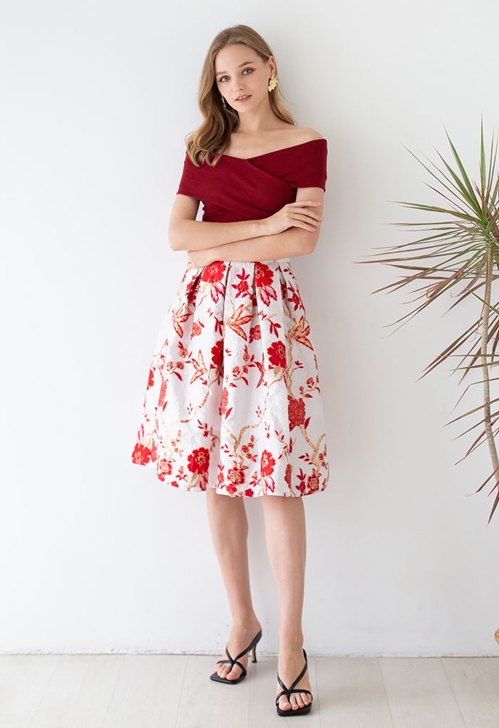 In Bloom Red Floral Jacquard Pleated Skirt