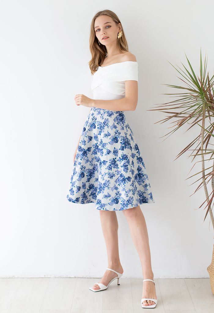 Blue Posy Jacquard A-Line Skirt