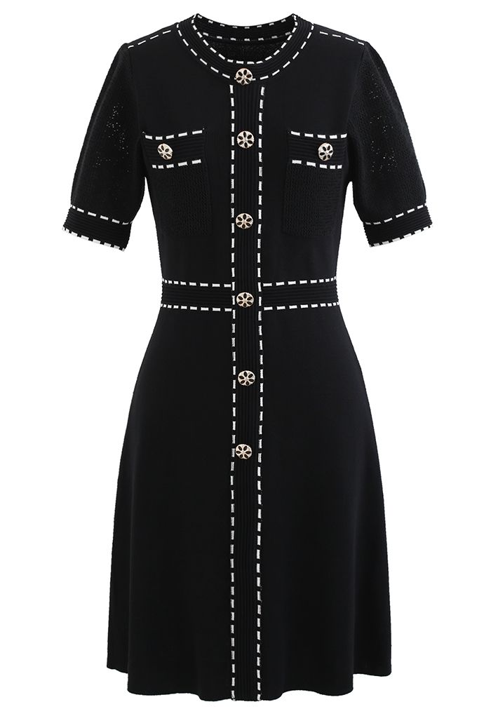 Extra Chic Button Embellished Knit Dress in Black - Retro, Indie and ...