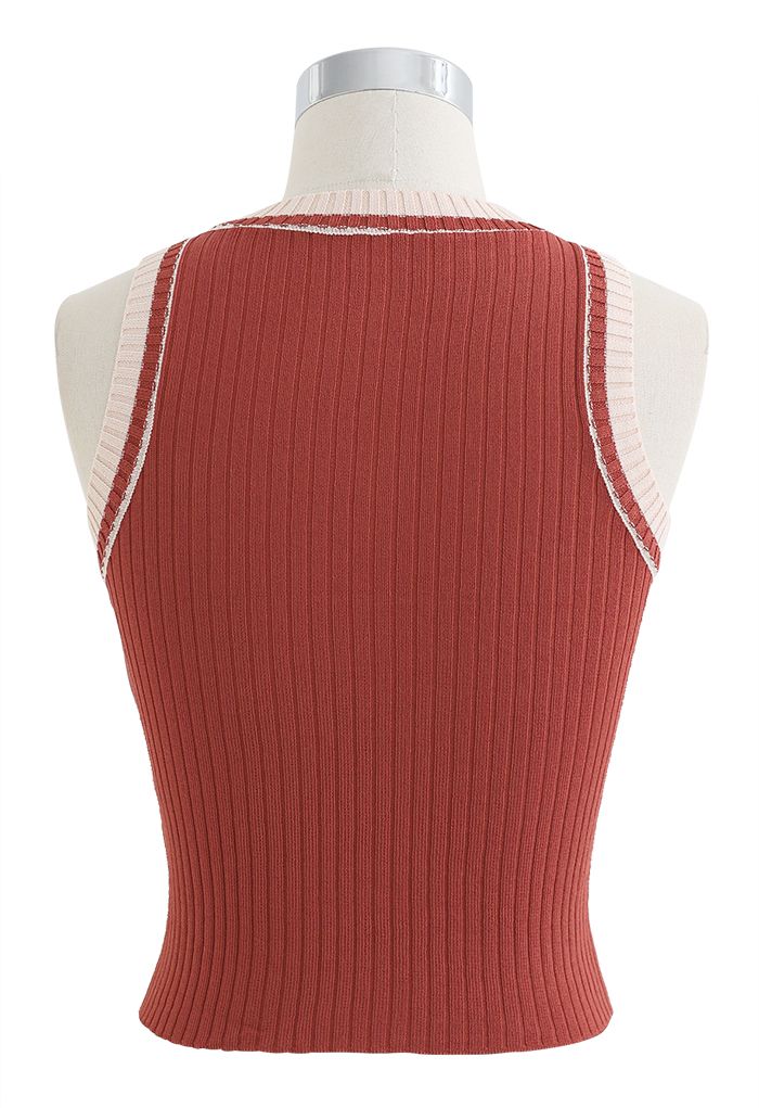 Two-Tone Ribbed Knit Tank Top in Rust Red