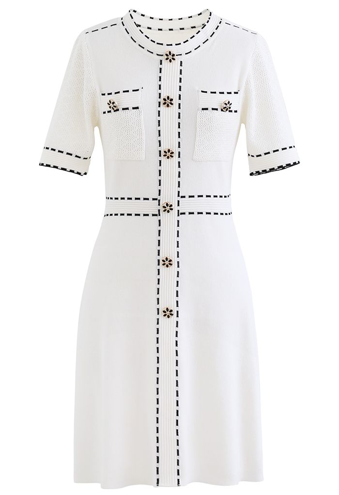 Extra Chic Button Embellished Knit Dress in White - Retro, Indie and ...
