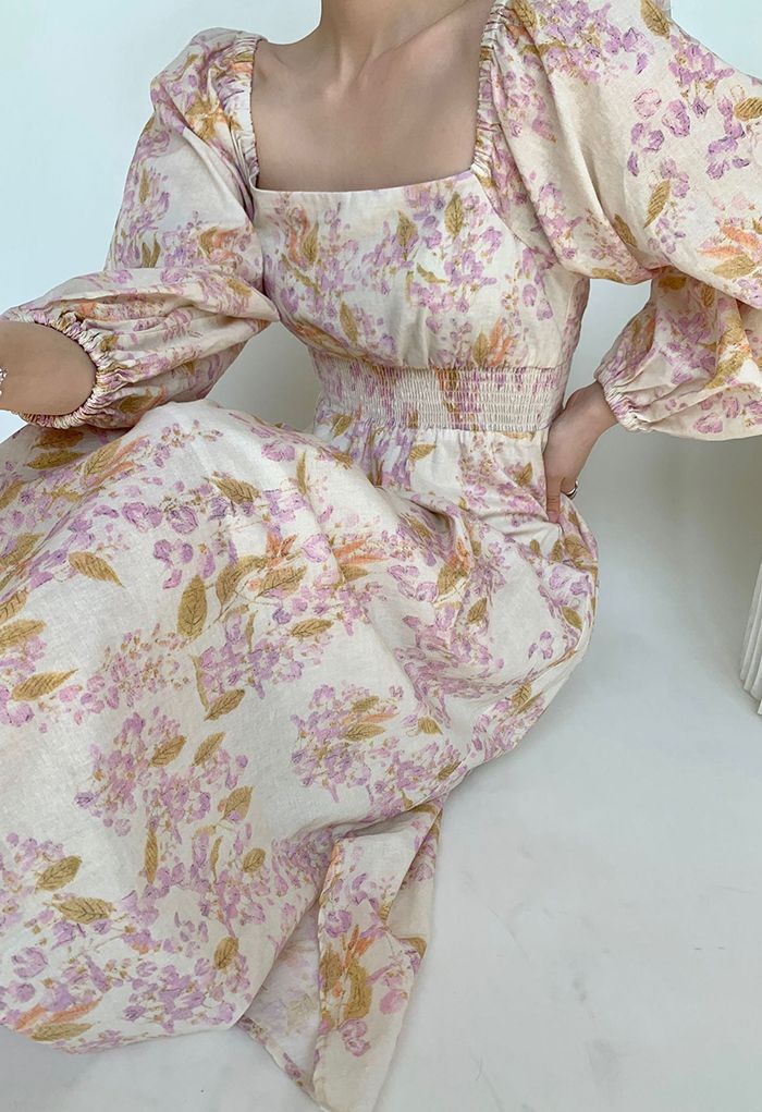 Square Neck Pastel Floral Midi Dress - Retro, Indie and Unique Fashion