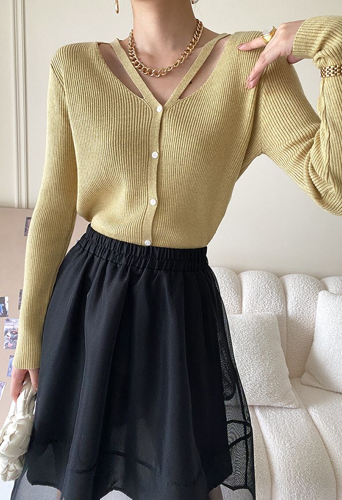 V-Neck Cutout Cozy Knit Top in Mustard