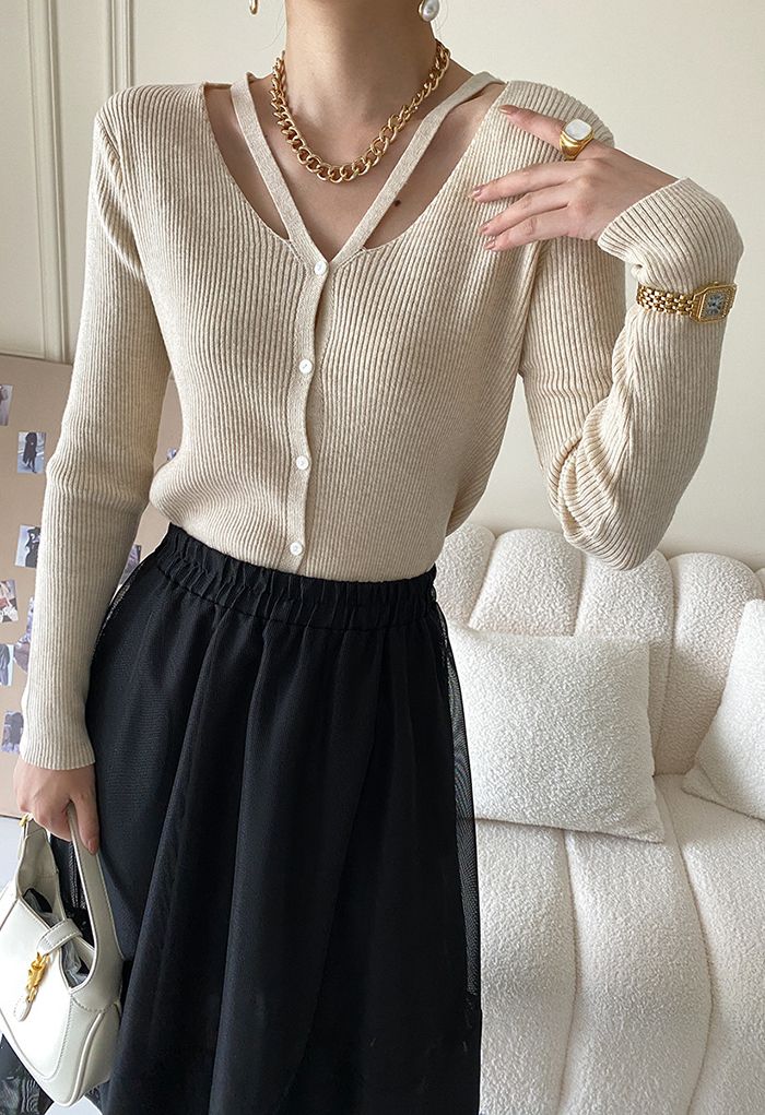 V-Neck Cutout Cozy Knit Top in Sand - Retro, Indie and Unique Fashion