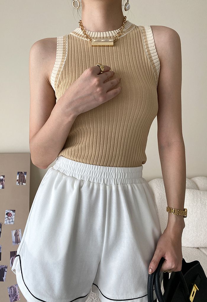 Two-Tone Ribbed Knit Tank Top in Camel - Retro, Indie and Unique Fashion