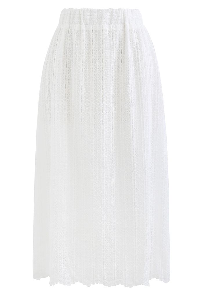 Soft Floral Lace Midi Skirt in White