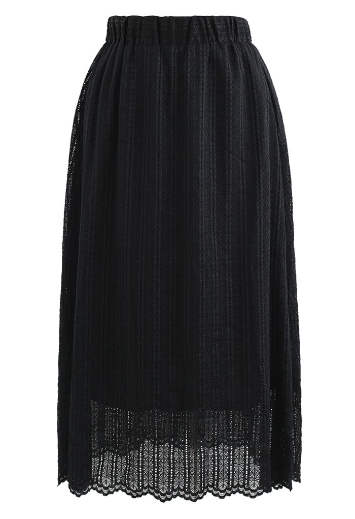 Soft Floral Lace Midi Skirt in Black