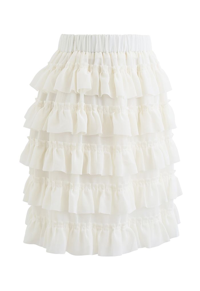 Tiered Ruffle Chiffon Skirt in Ivory - Retro, Indie and Unique Fashion