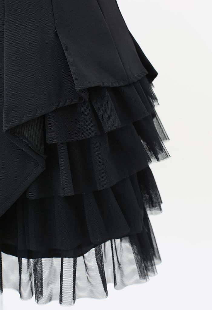Mesh Inserted Pleated Mini Skirt in Black