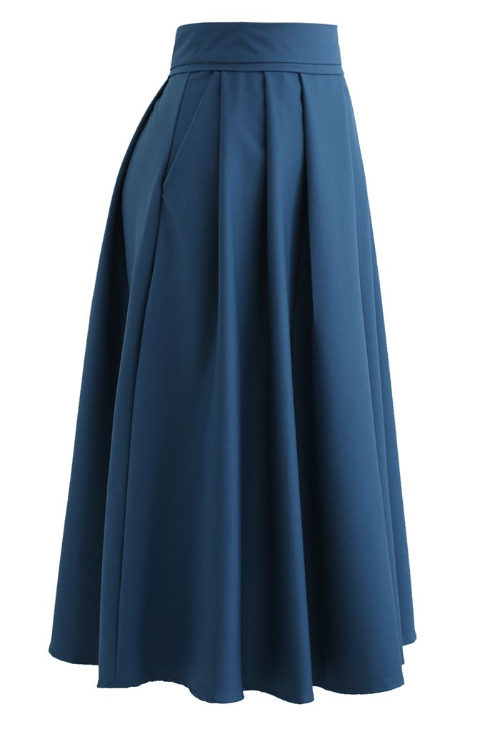 High Waist Pleated Flare Midi Skirt in Indigo - Retro, Indie and Unique ...