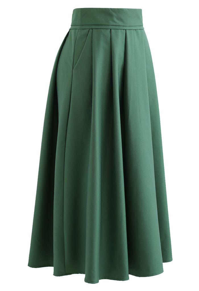 High Waist Pleated Flare Midi Skirt in Green - Retro, Indie and Unique ...