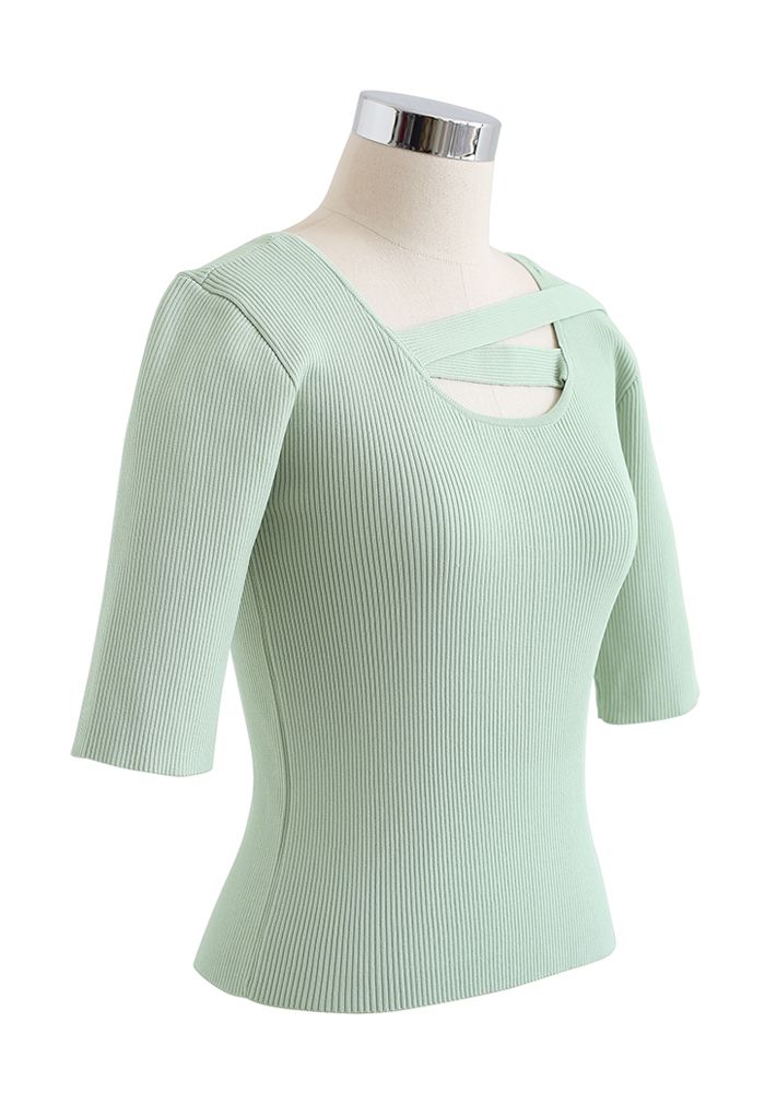 Strap Neck Elbow Sleeve Fitted Knit Top in Mint