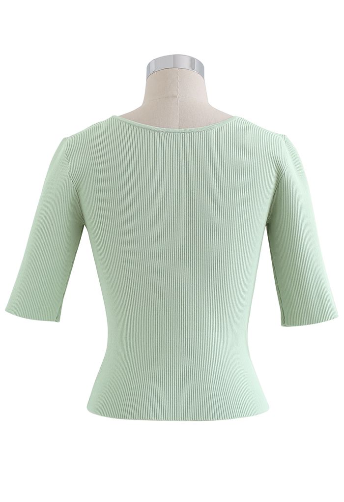 Strap Neck Elbow Sleeve Fitted Knit Top in Mint