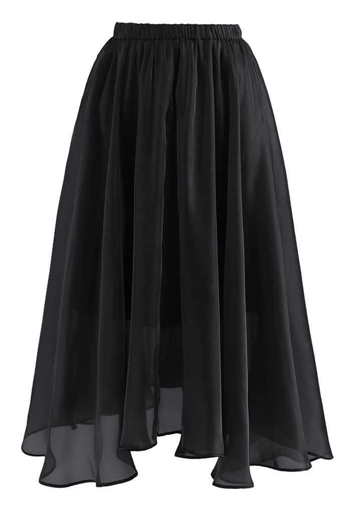 Flowy Organza Flare Midi Skirt in Black - Retro, Indie and Unique Fashion