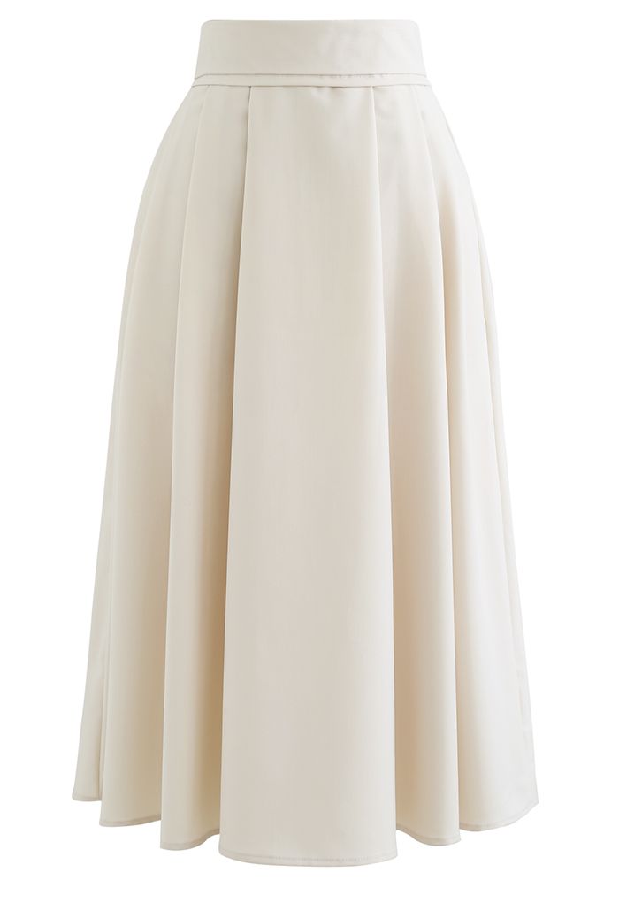 High Waist Pleated Flare Midi Skirt in Cream - Retro, Indie and Unique ...