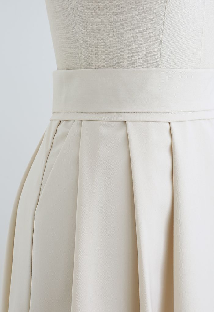 High Waist Pleated Flare Midi Skirt in Cream - Retro, Indie and Unique ...