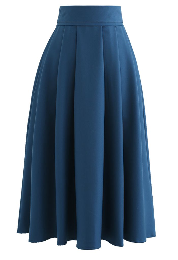 High Waist Pleated Flare Midi Skirt in Indigo