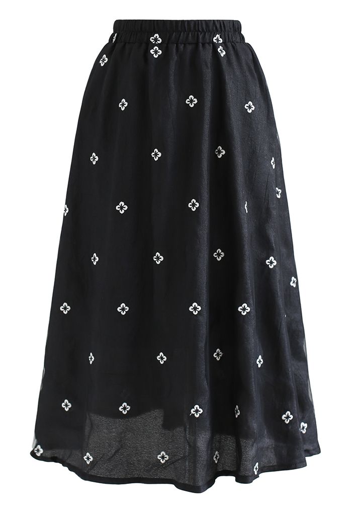 Embroidered Daisy Mesh Overlay Skirt in Black