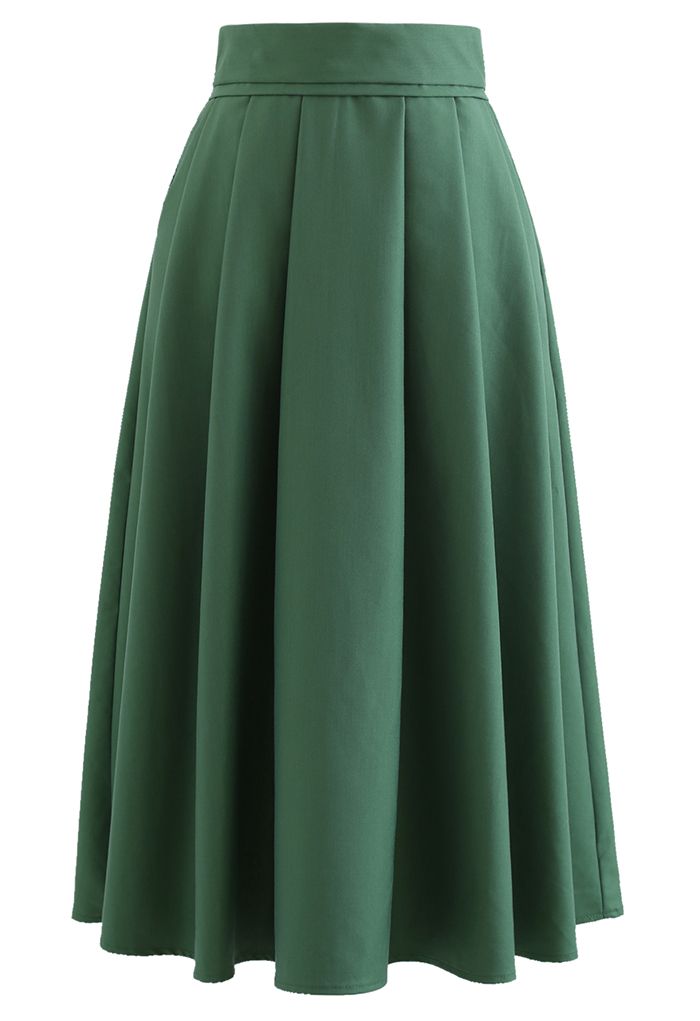 High Waist Pleated Flare Midi Skirt in Green