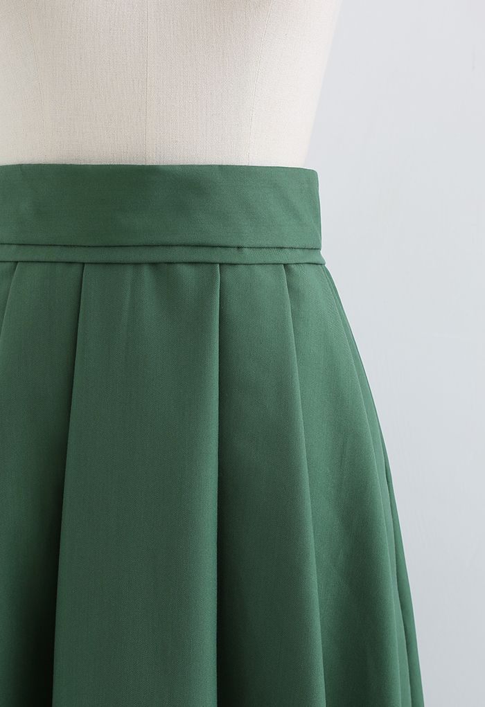 High Waist Pleated Flare Midi Skirt in Green