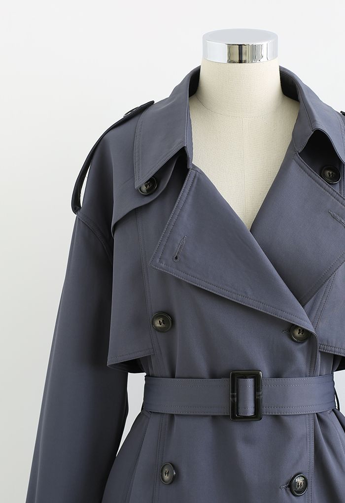 Double-Breasted Belted Trench Coat in Smoke