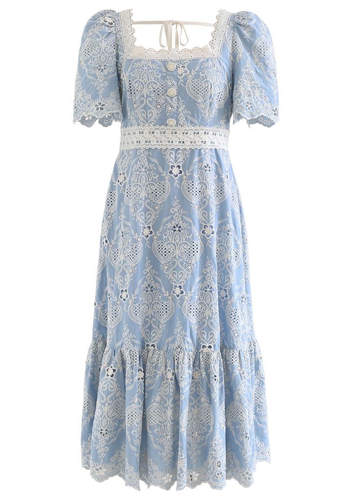 Square Neck Floral Embroidered Crochet Frilling Dress - Retro, Indie ...