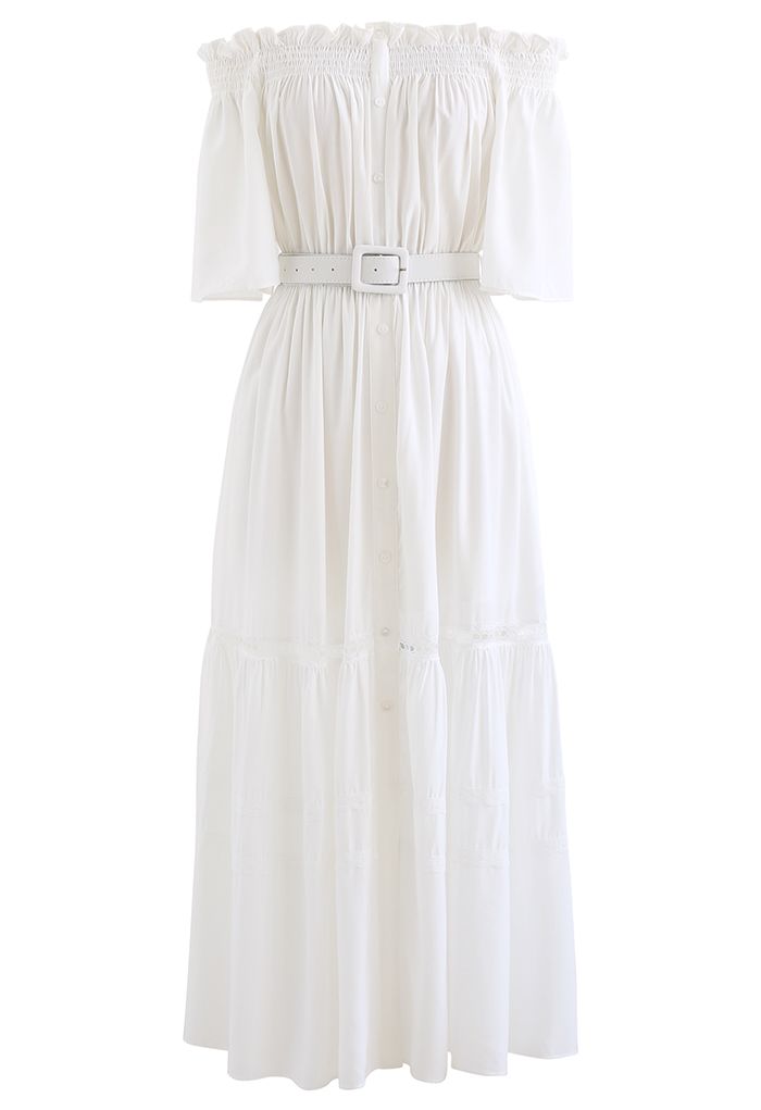 Off-Shoulder Ruffle Trim Belted Dress in White