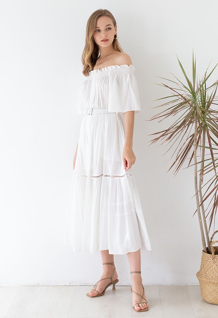Off-Shoulder Ruffle Trim Belted Dress in White