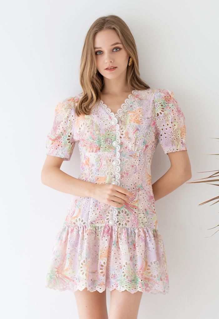 Luxuriant Floral Cutwork Frilling Dress in Pink