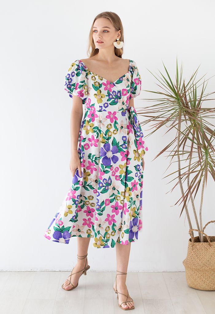 Floral Painting Wrap Dress in White - Retro, Indie and Unique Fashion