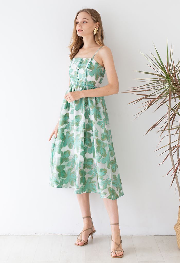 Green Leaves Jacquard Shirred Cami Dress - Retro, Indie and Unique Fashion