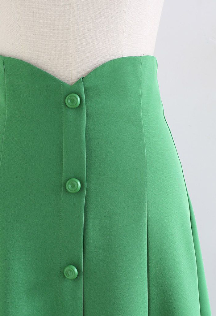 Buttons Trim High Waist Flare Midi Skirt in Green