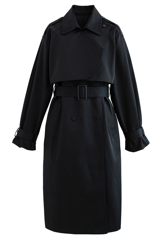 Stud Button Storm Flap Trench Coat in Black