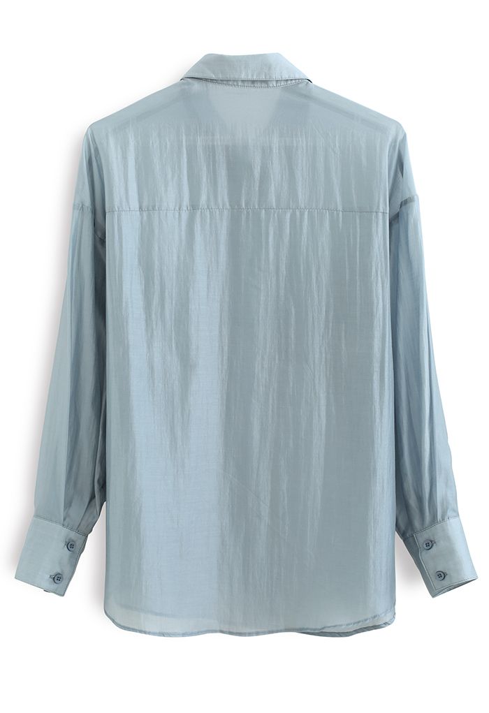 Pintuck Pocket Semi-Sheer Shirt in Dusty Blue