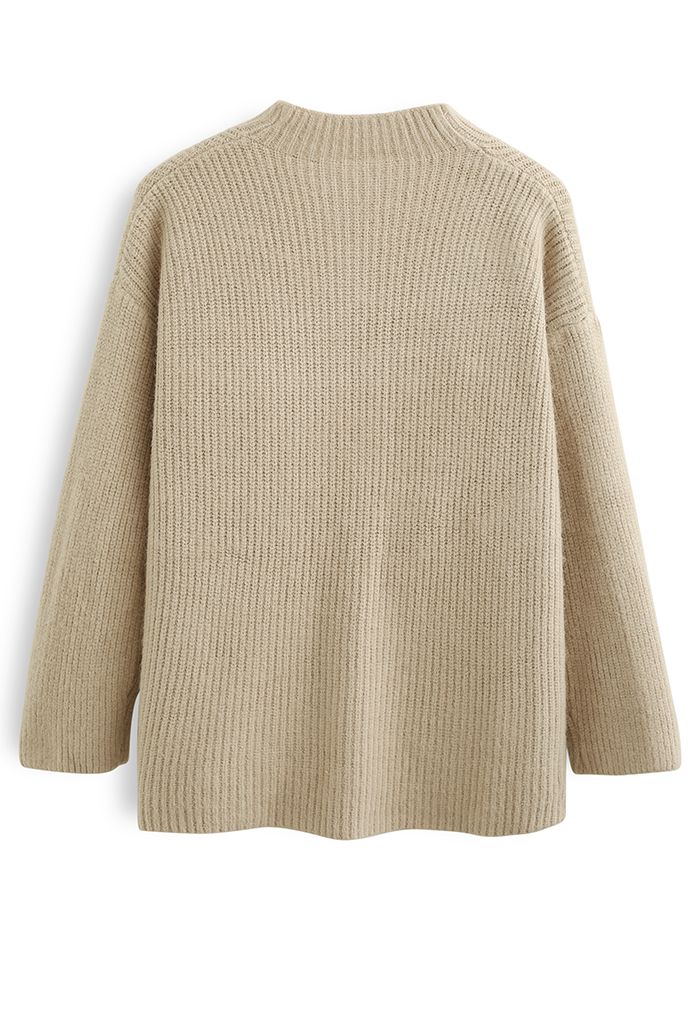 Buttoned Neck Long Sleeve Rib Knit Cardigan in Light Tan