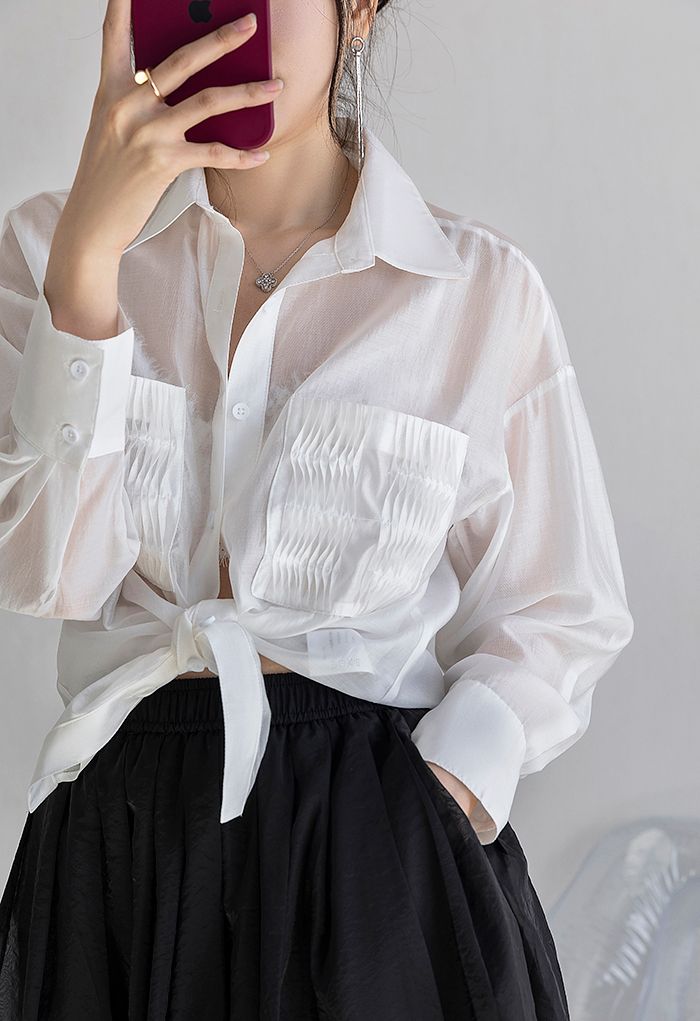 Pintuck Pocket Semi-Sheer Shirt in White - Retro, Indie and Unique Fashion