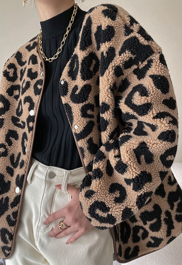 Leopard Faux Fur Collarless Suede Coat