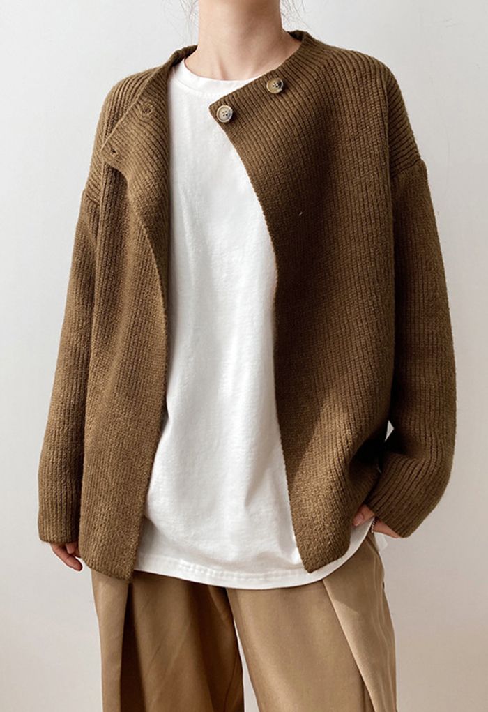 Buttoned Neck Long Sleeve Rib Knit Cardigan in Brown
